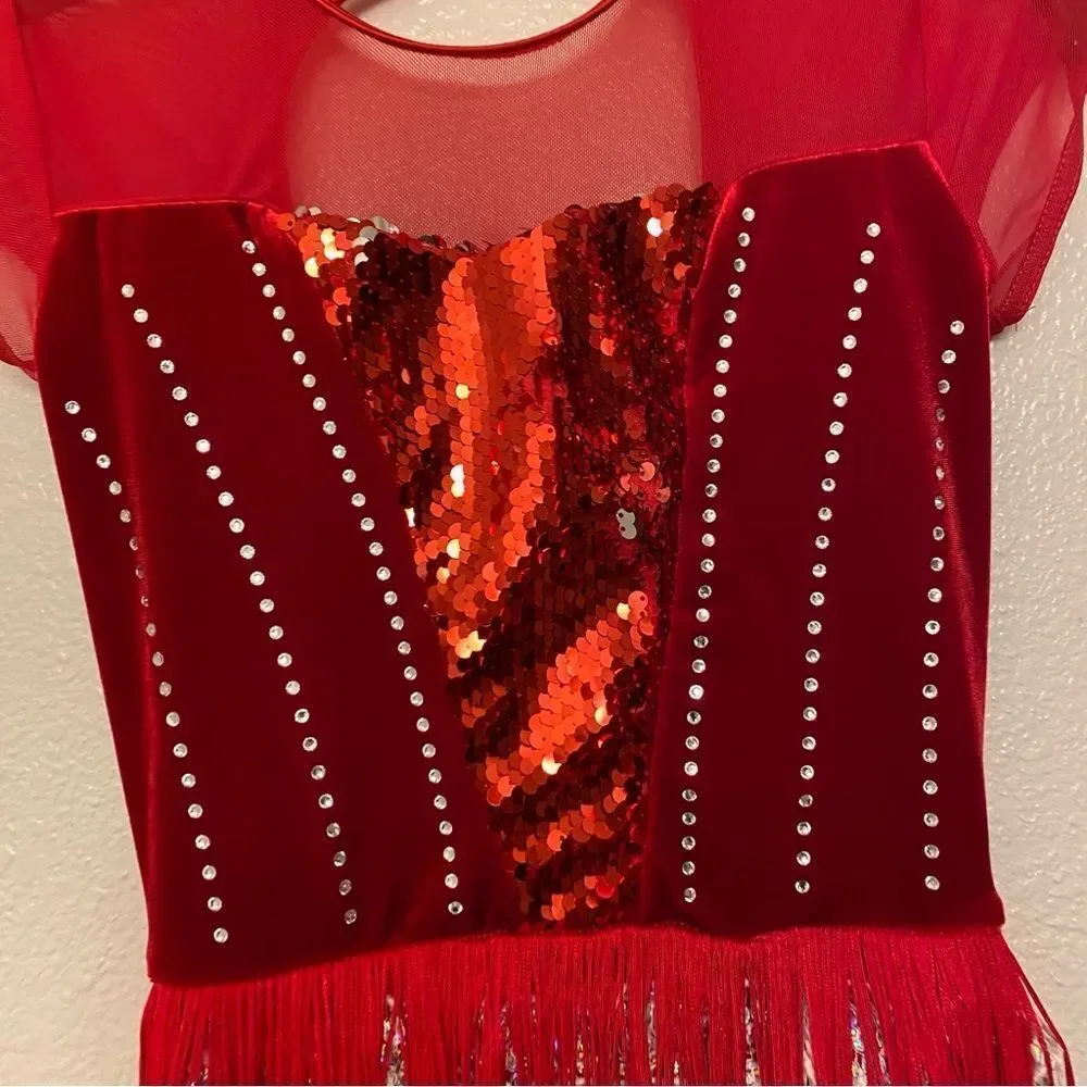 Weissman Dance costume red bling fringe velvet dress Could Have Been Me 14906 MC